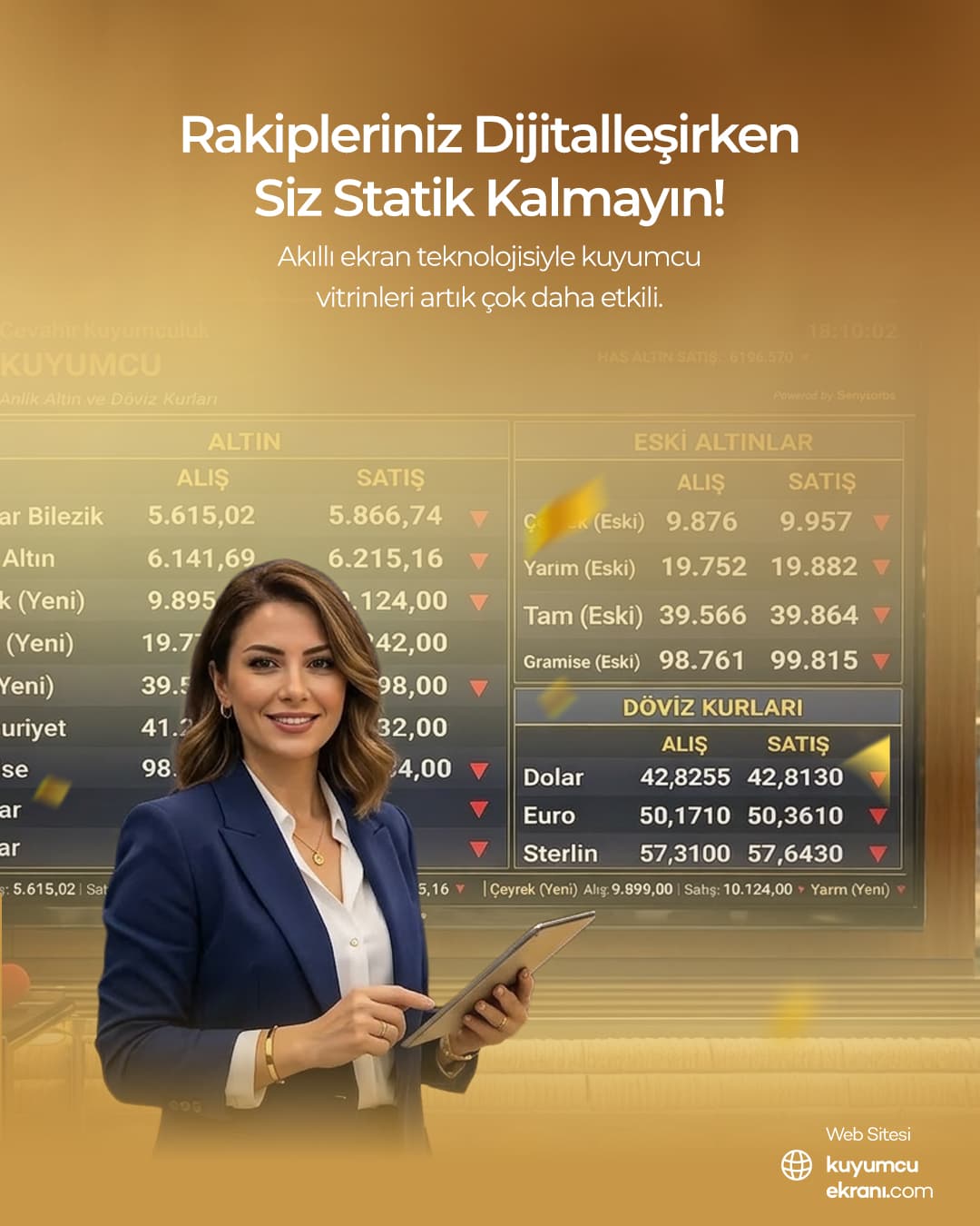 Kuyumcu dijital vitrin — markalı altın fiyat gösterimi